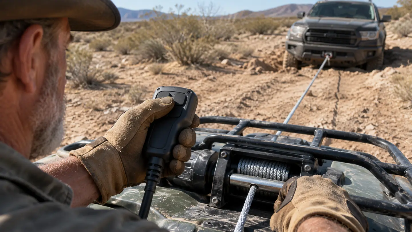 A gloved hand working a winch remote with the cable running out toward a vehicle
