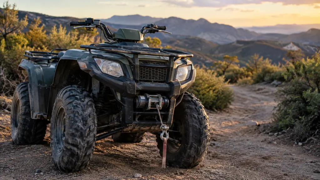 An ATV on a fire road in late afternoon after a recovery pull