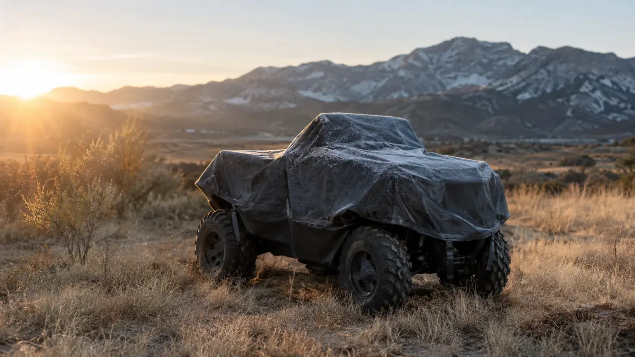 A covered ATV in the yard on a frosty morning, desert mountains behind