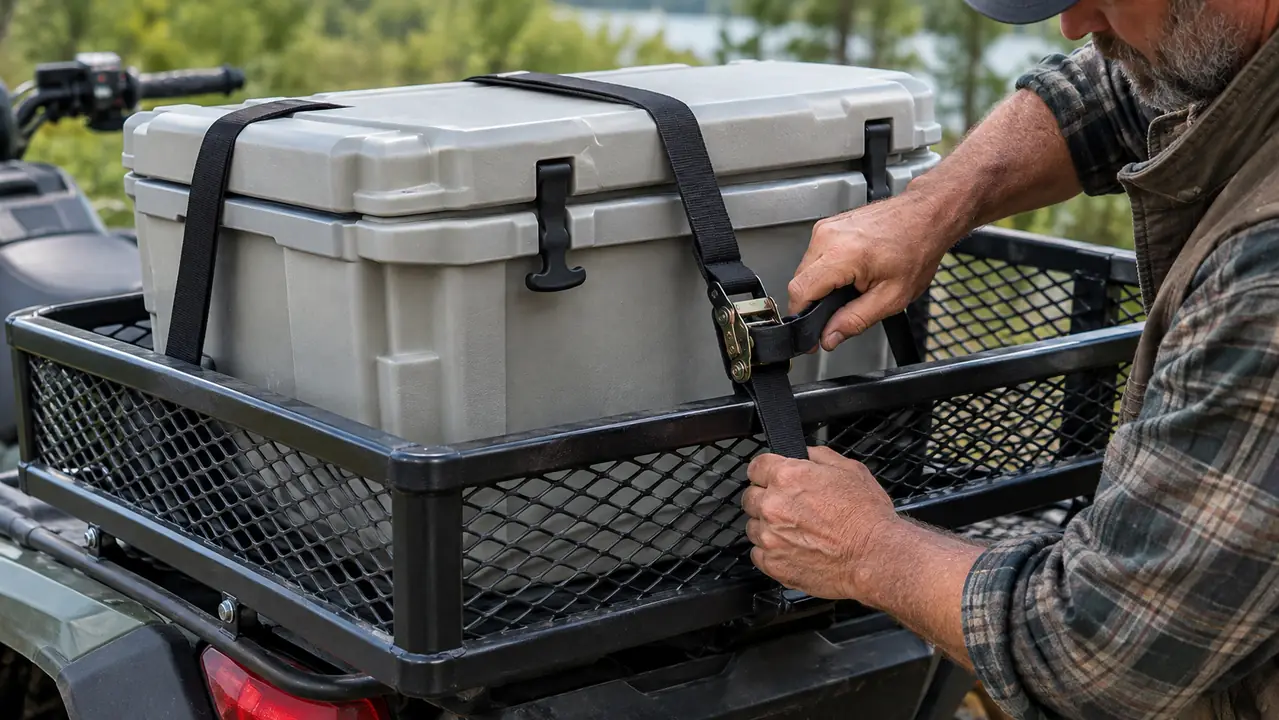 Close-up of a steel mesh rear cargo basket mounted on an ATV, holding a cooler