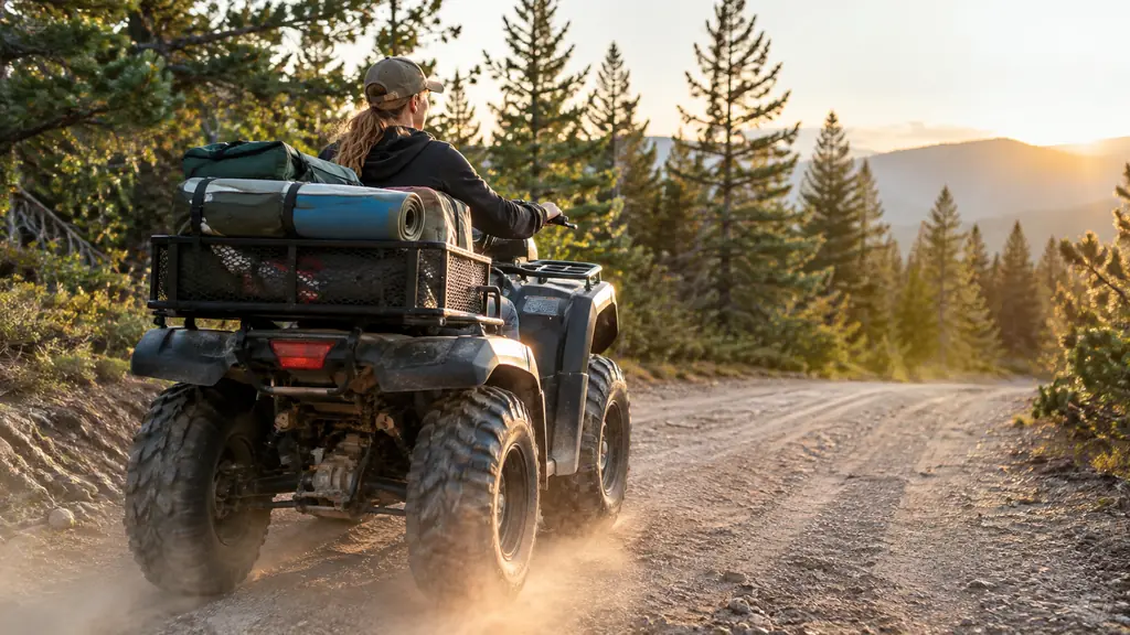 An ATV with a cargo basket loaded with camp gear driving down a fire road