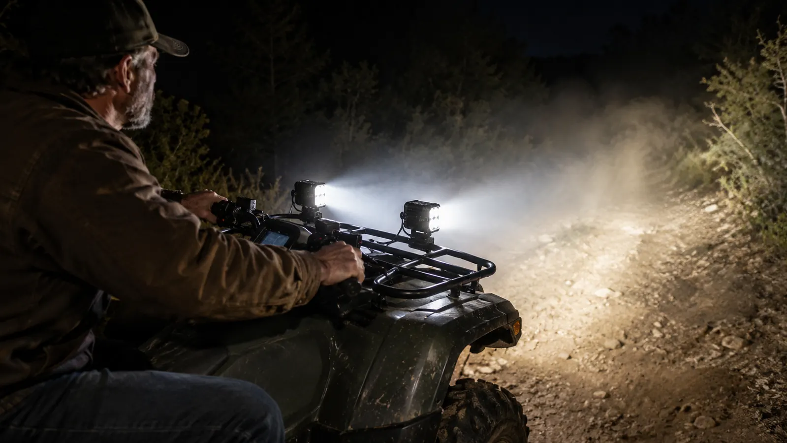 ATV with LED light pods mounted on the front rack, beams on, lighting a dirt trail at night