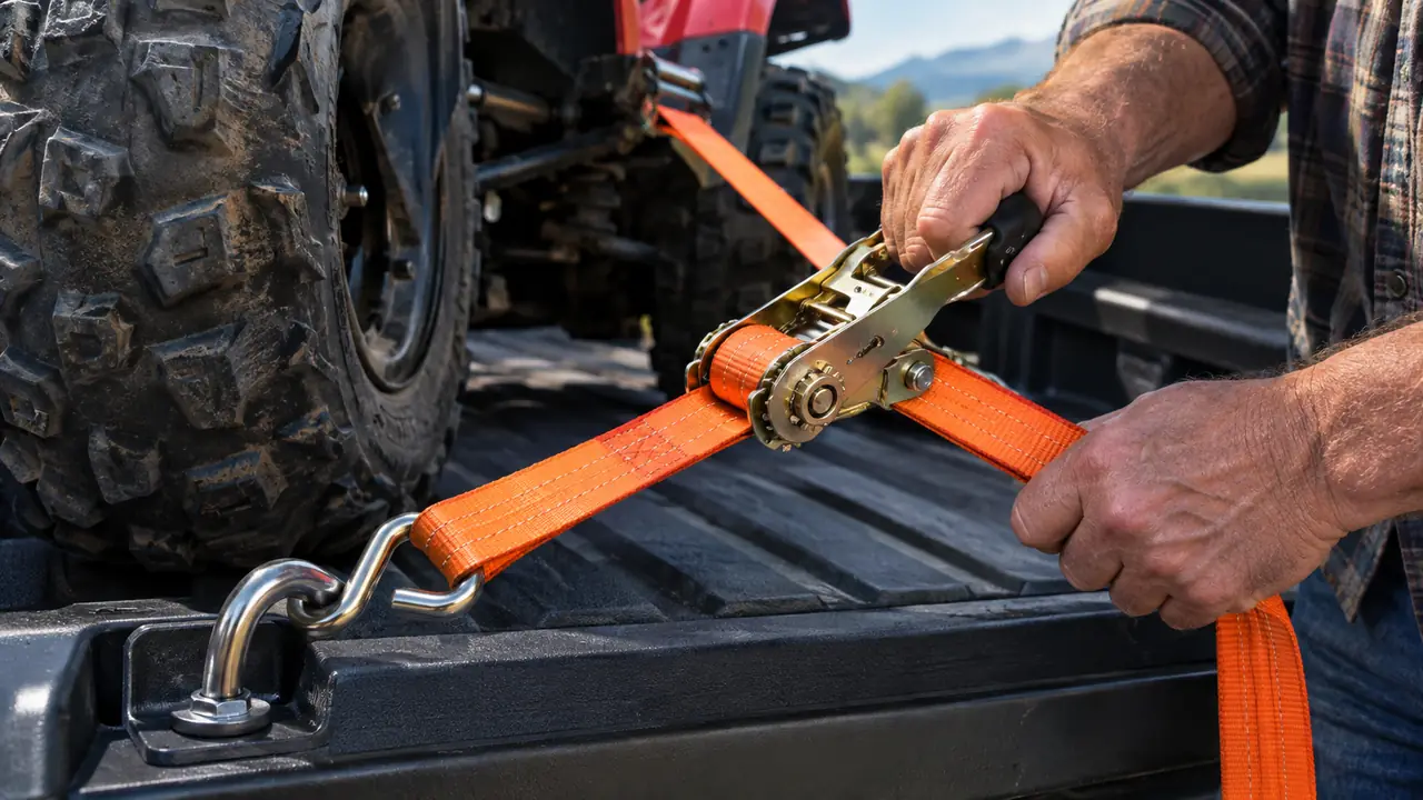 Person tightening a ratchet strap on an ATV