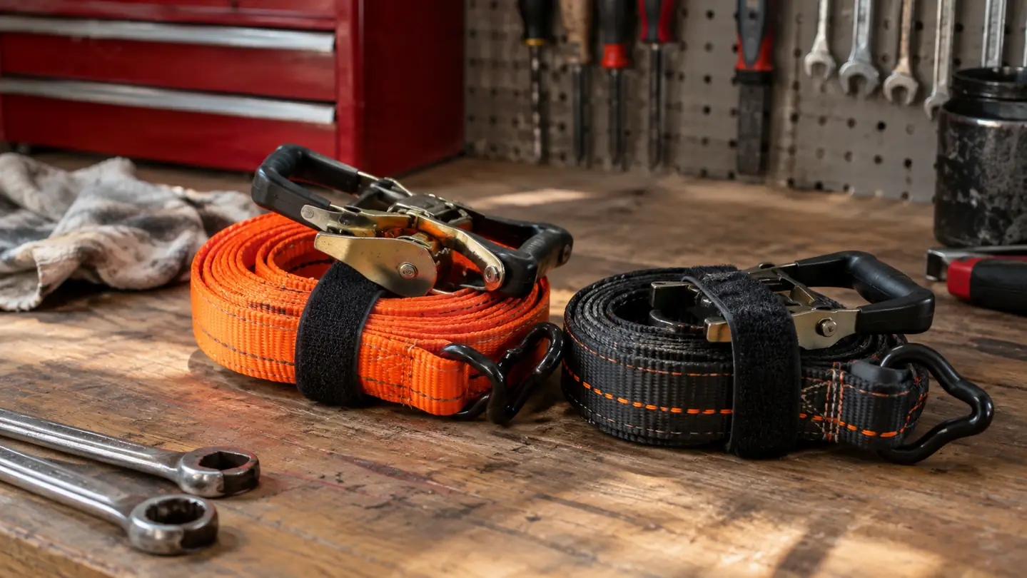 Coiled ratchet straps on a workbench