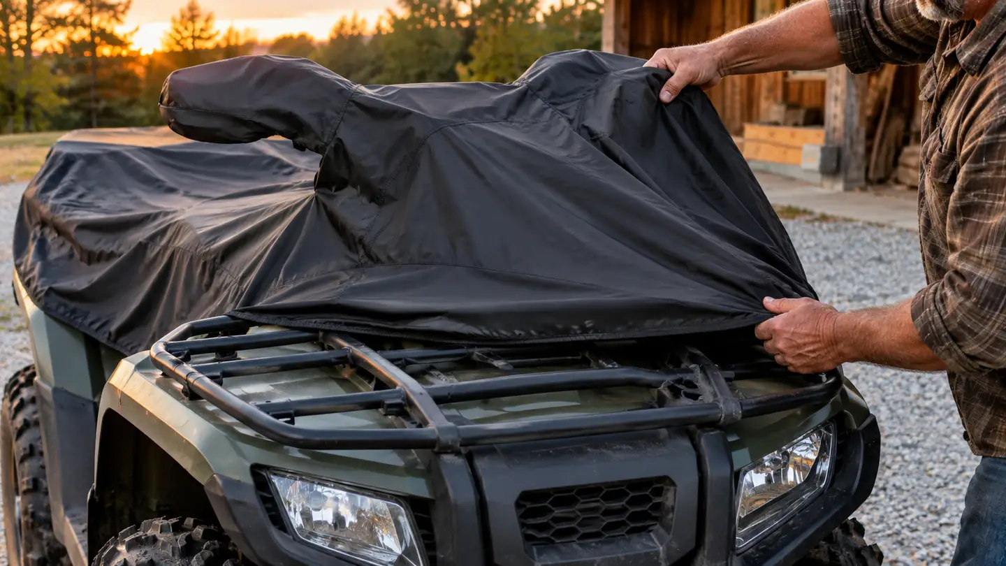Hands pulling a fitted waterproof cover down over the handlebars of a quad