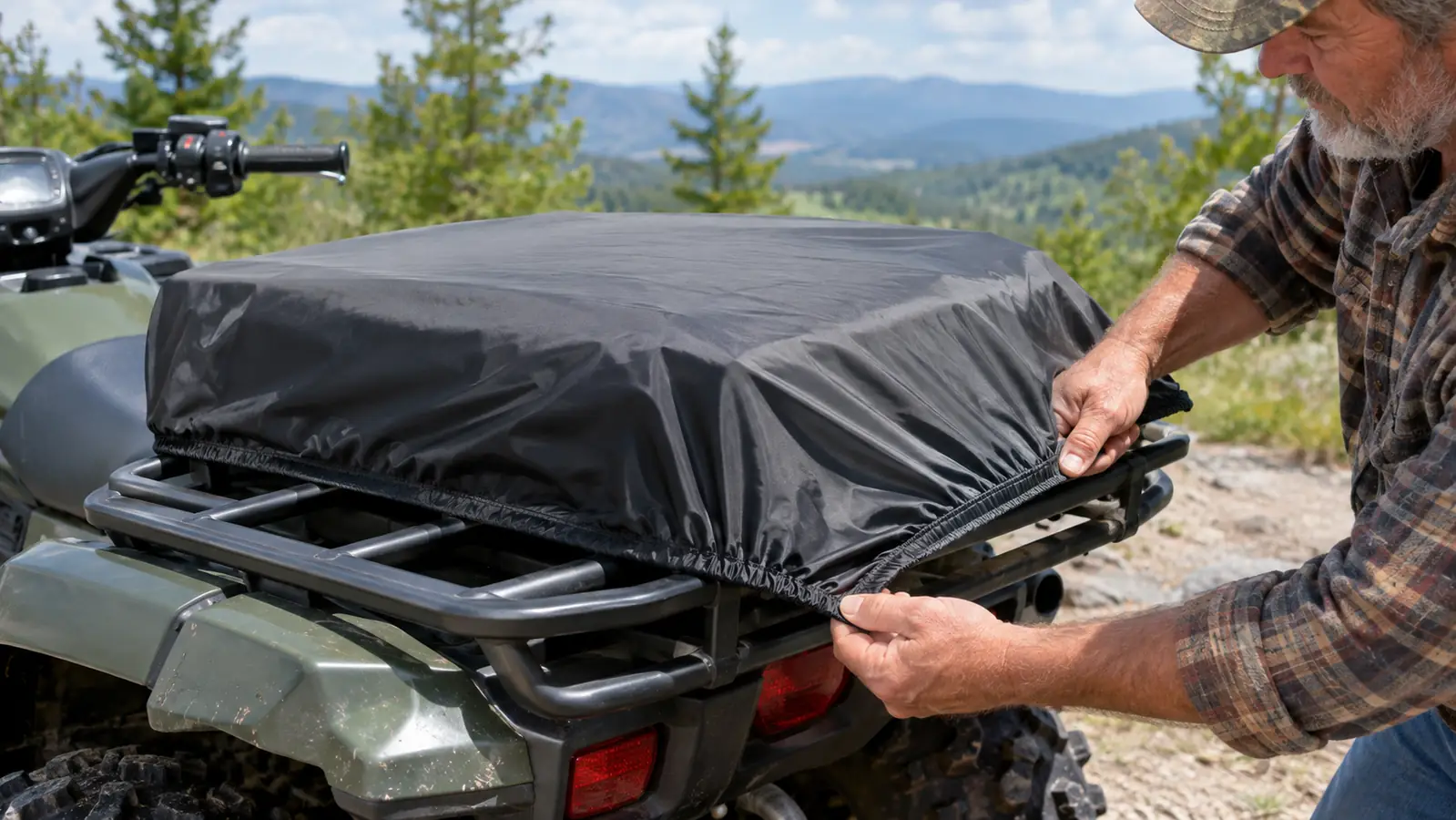 hands pulling the elastic hem of a fitted cover down over the rear rack of an ATV