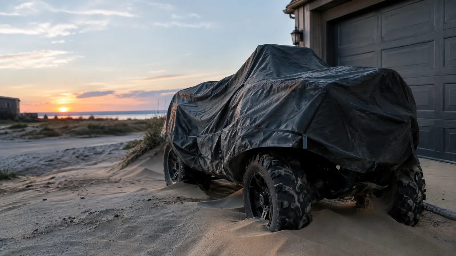 a covered ATV parked beside a garage in the morning, windblown sand drifted against the wheels