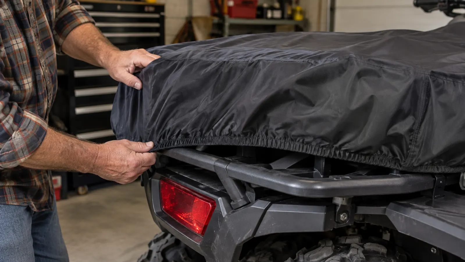 Hands pulling the elastic hem of a fitted cover down over the rear rack of an ATV in a garage
