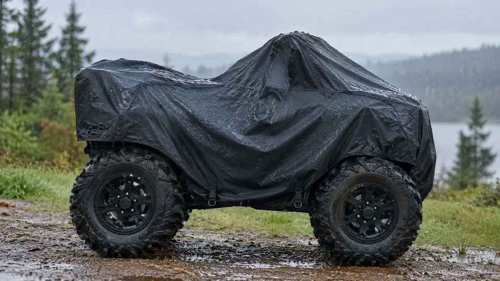 A covered ATV outdoors in steady rain with water beading on the fabric