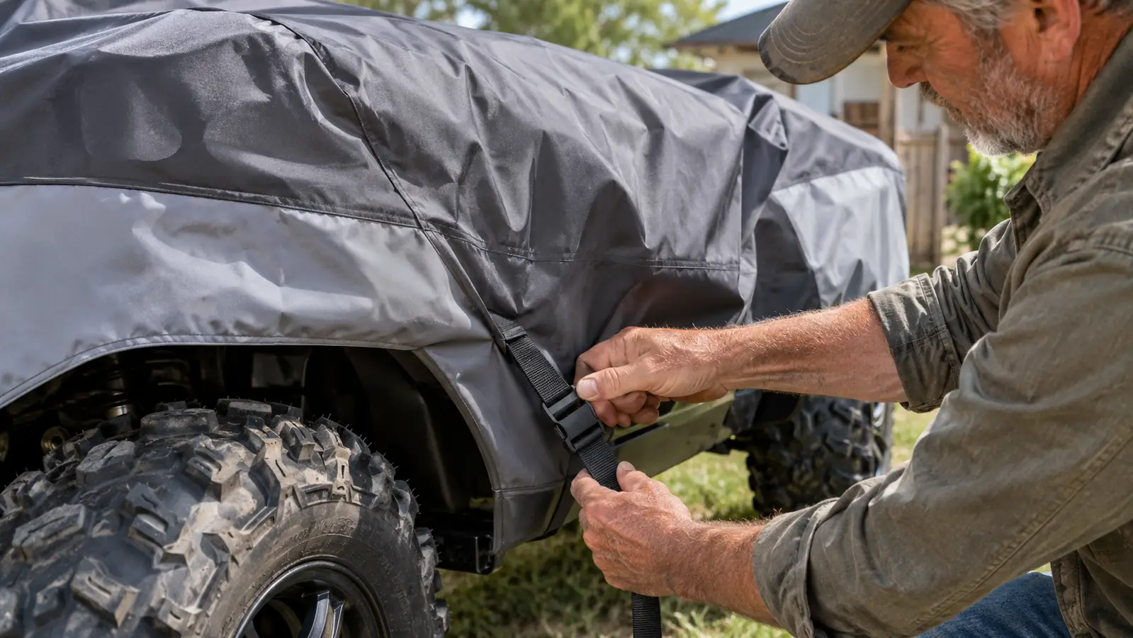 Hands pulling a strap and buckle tight on a fitted cover over a parked quad.
