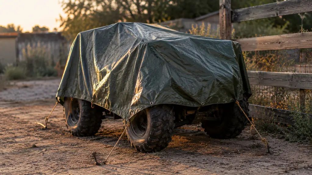 A tarp draped over a quad with rope corners in a dusty yard.