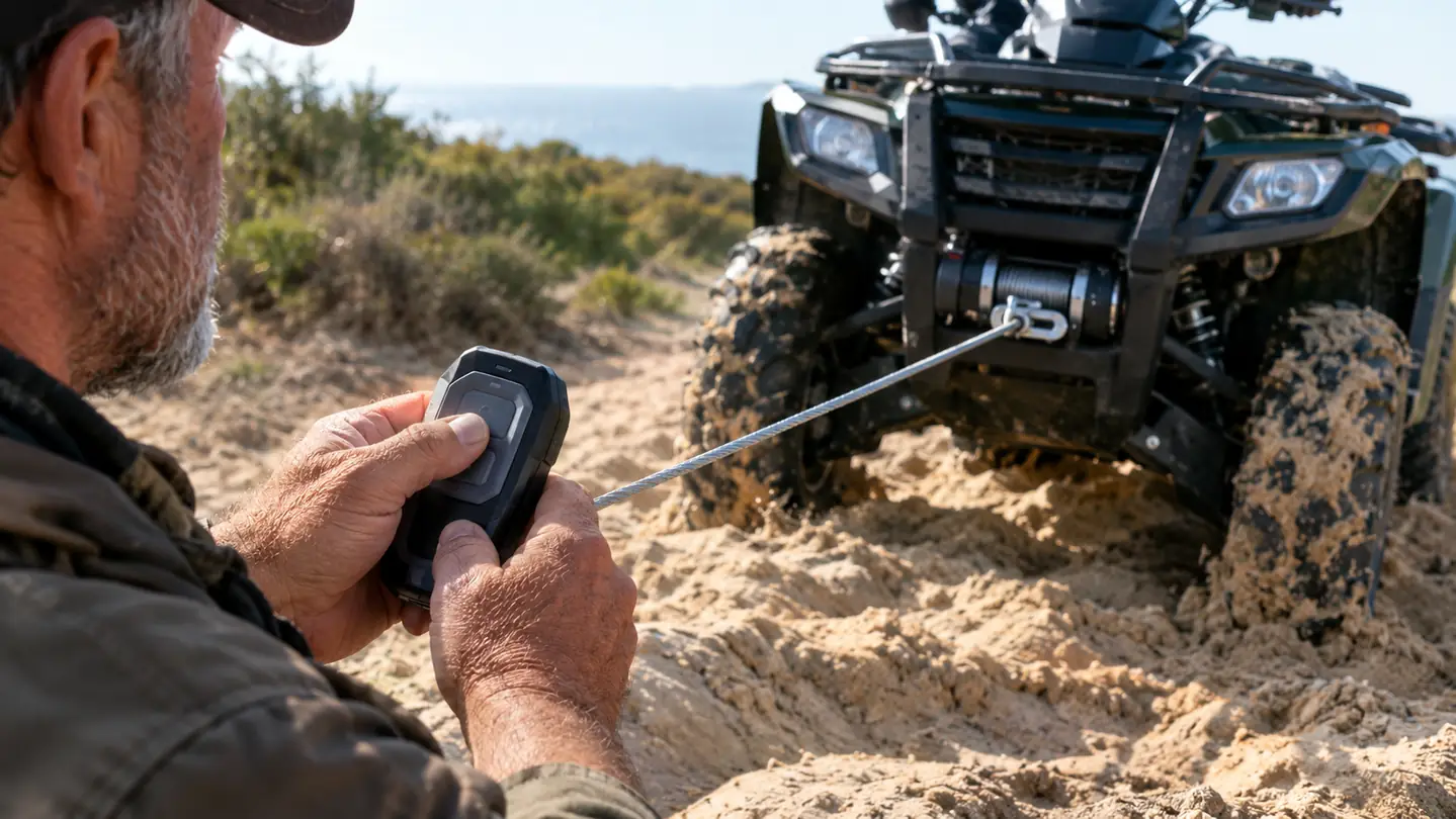 A rider's hand pressing the button on a small wireless winch remote beside an ATV with the winch rope pulled taut