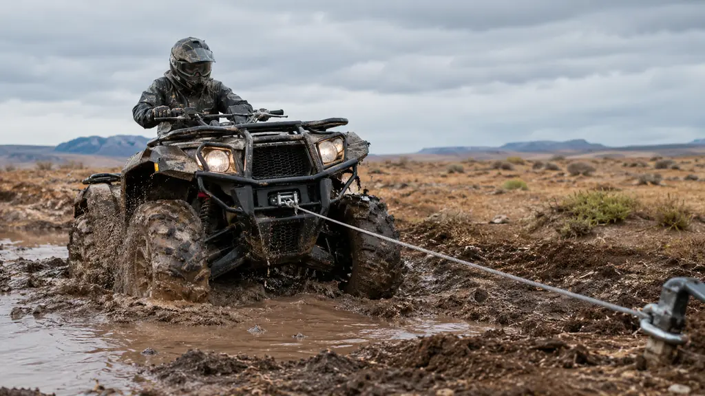 An ATV being winched out of a mud crossing, water and mud splashed on the tires, an overcast sky behind