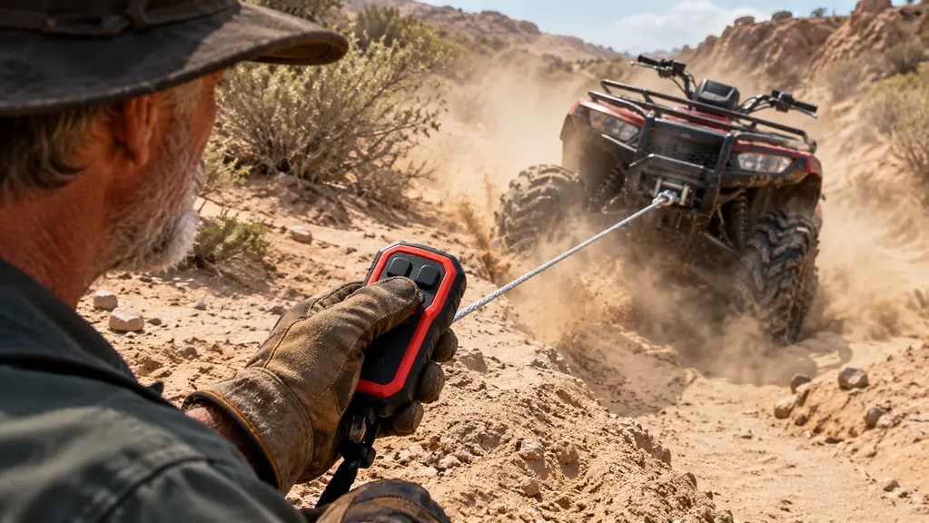 A hand in a work glove pressing a winch remote while the cable pulls a quad out of a sandy wash