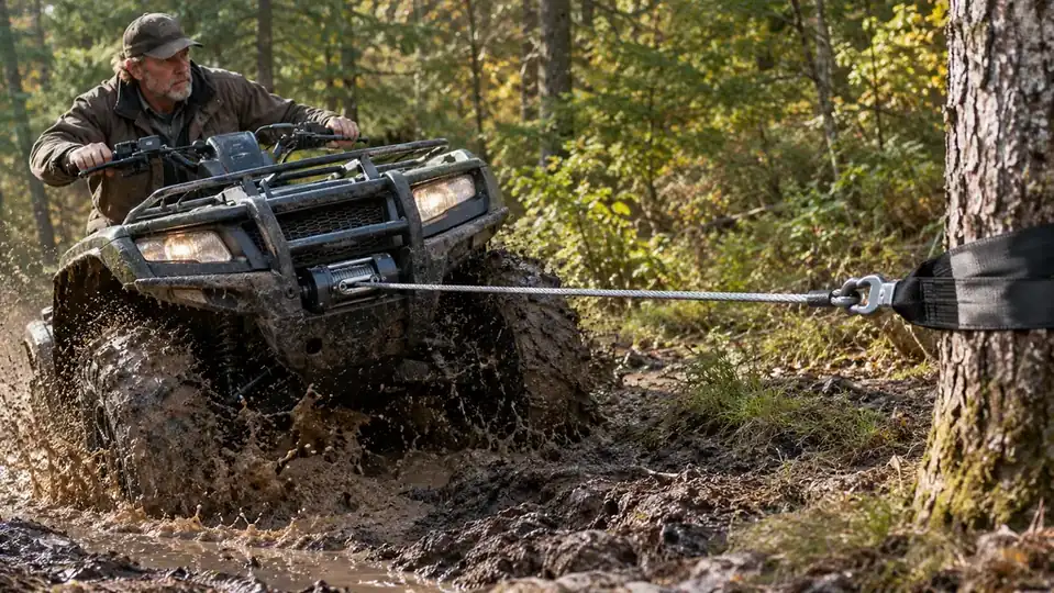 Close-up of a winch cable attached to a tree as it pulls the quad