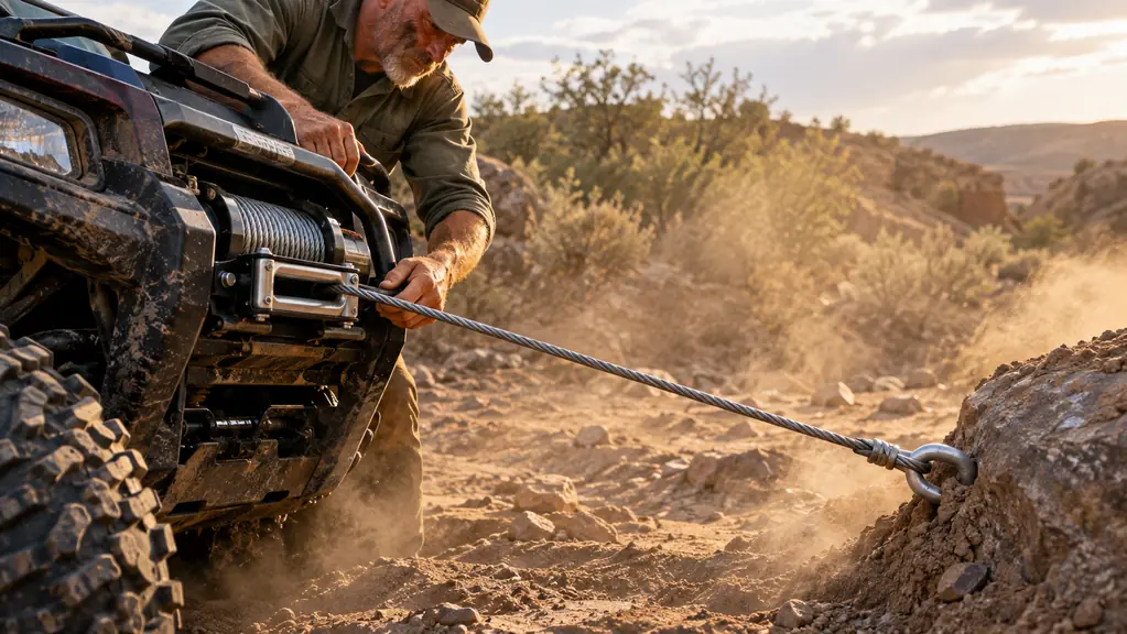 A winch cable stretched from the front of an ATV to a boulder in a dry desert wash