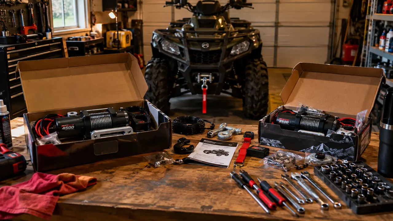 Two open winch kit boxes on a garage workbench with tools laid out beside them