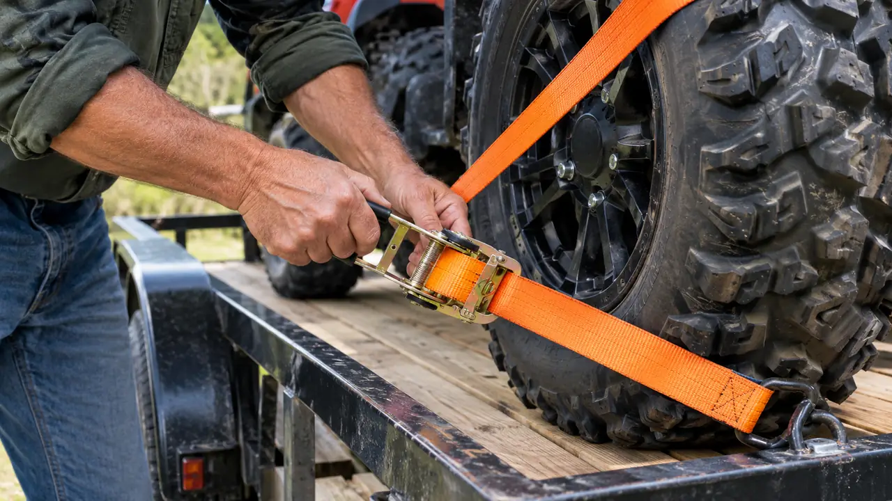 A hand tightening a ratchet strap over the wheel of a quad in a trailer