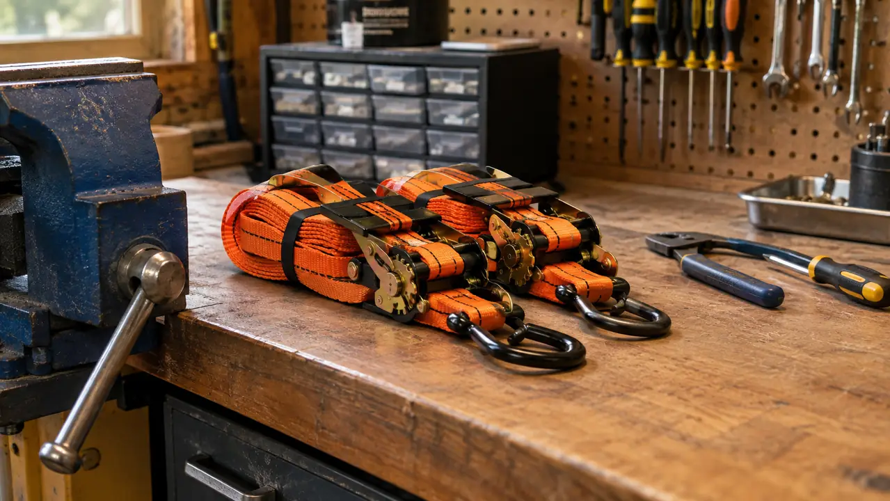 Coiled ratchet straps with metal hooks on a garage workbench