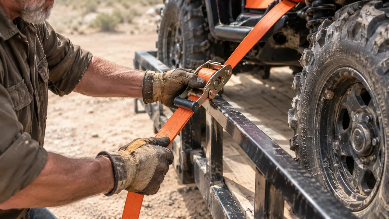 A gloved hand working a ratchet strap handle against a trailer rail beside a quad tire