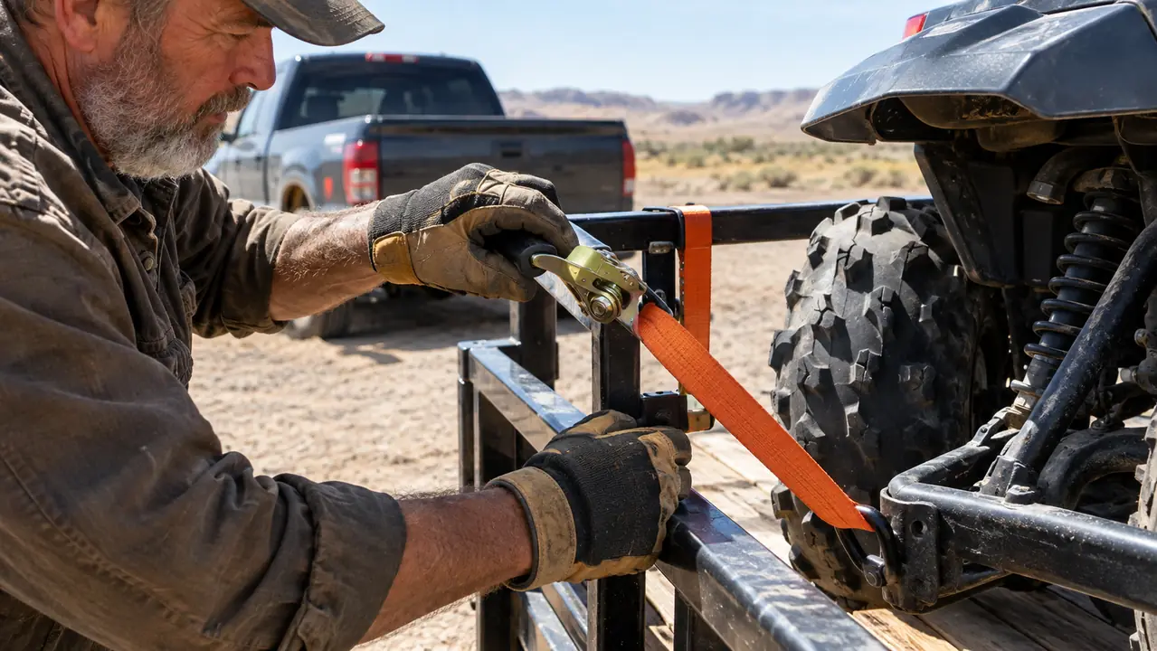 A gloved hand cinching a ratchet strap on a trailer rail beside a quad