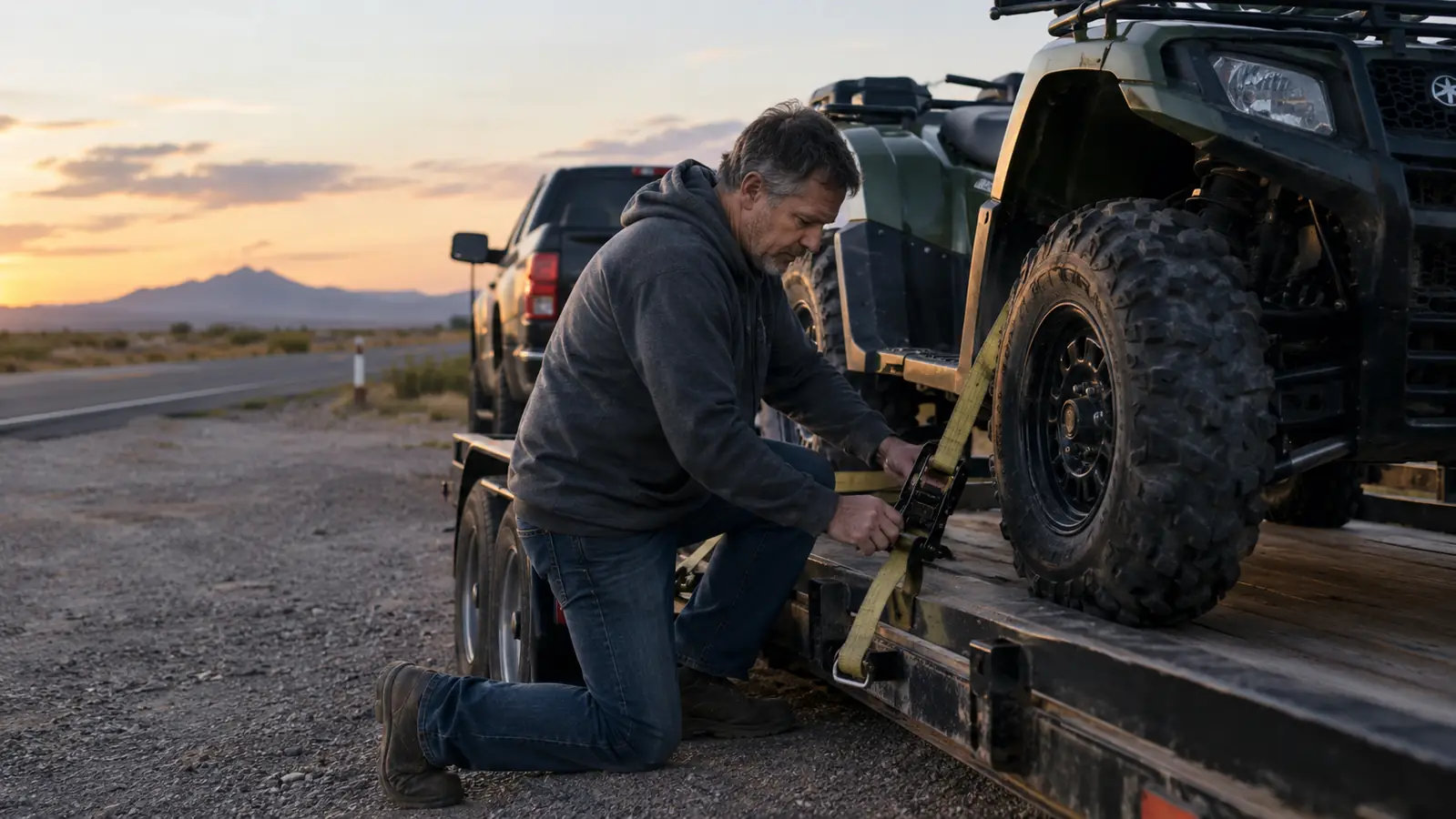 A man kneeling beside a trailer checking the tie-down straps on a quad at a rest stop
