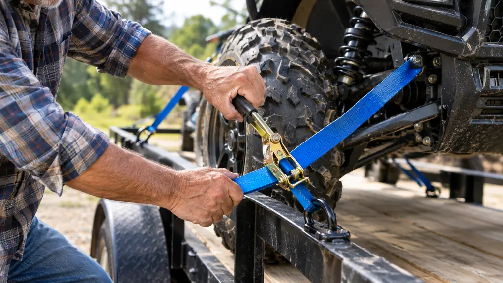 A hand tightening a ratchet strap hooked to the frame of an ATV on a trailer