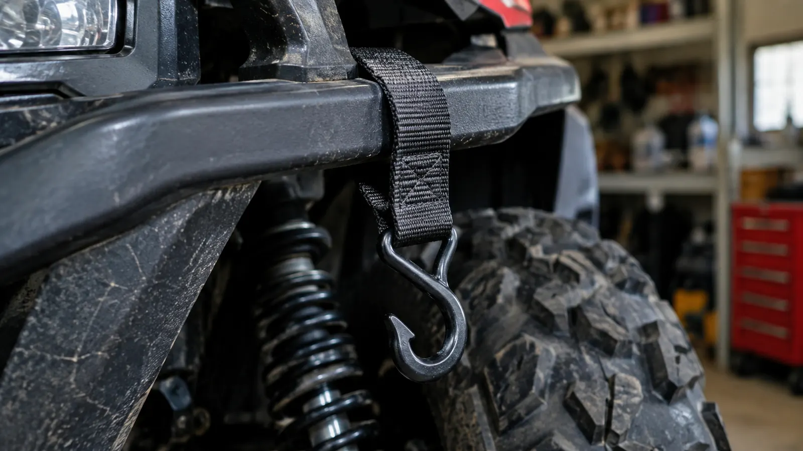 A soft loop tie-down wrapped around the frame of an ATV, no metal touching the paint