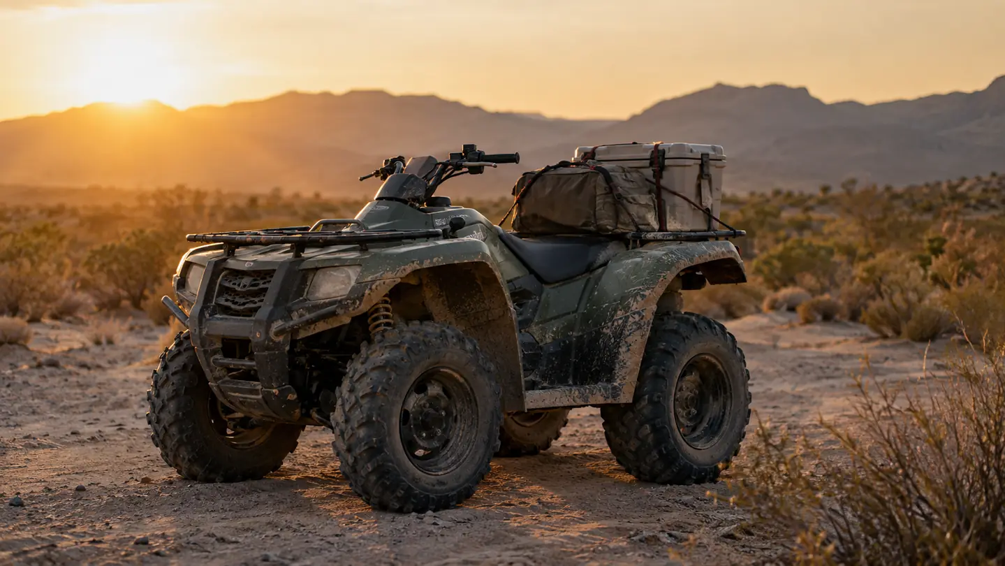 An ATV parked on a desert wash at golden hour with gear strapped to the rear cargo rack