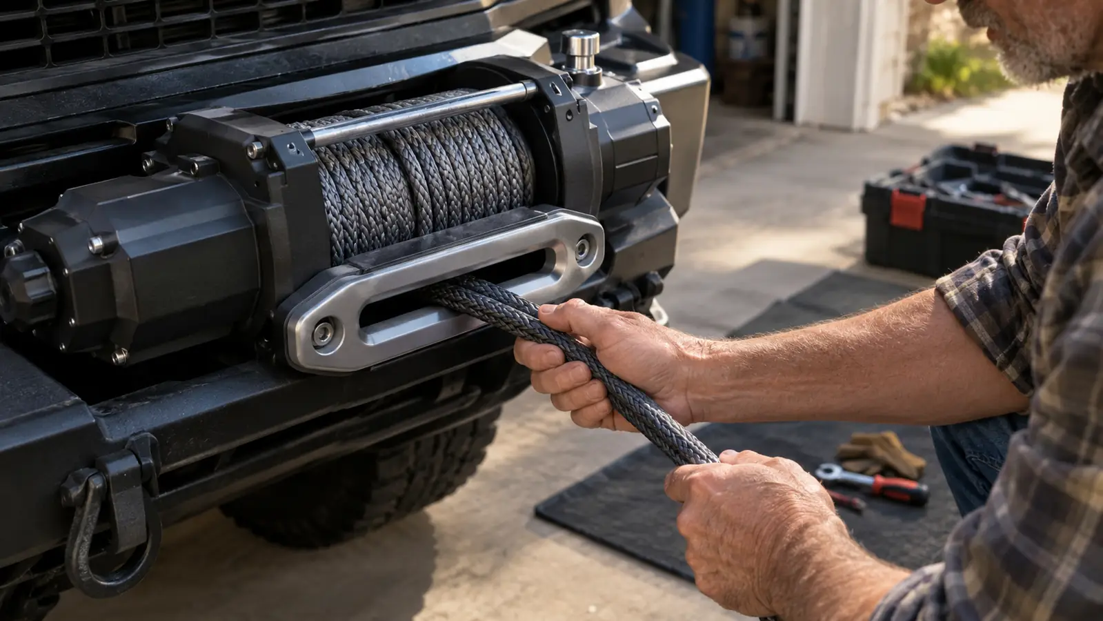 Hands guiding the winch cable through the front fairlead of an ATV
