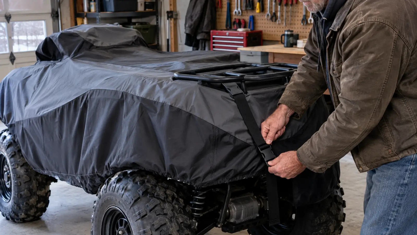 Hands tightening a buckle strap on a fitted ATV cover over a quad parked in a garage