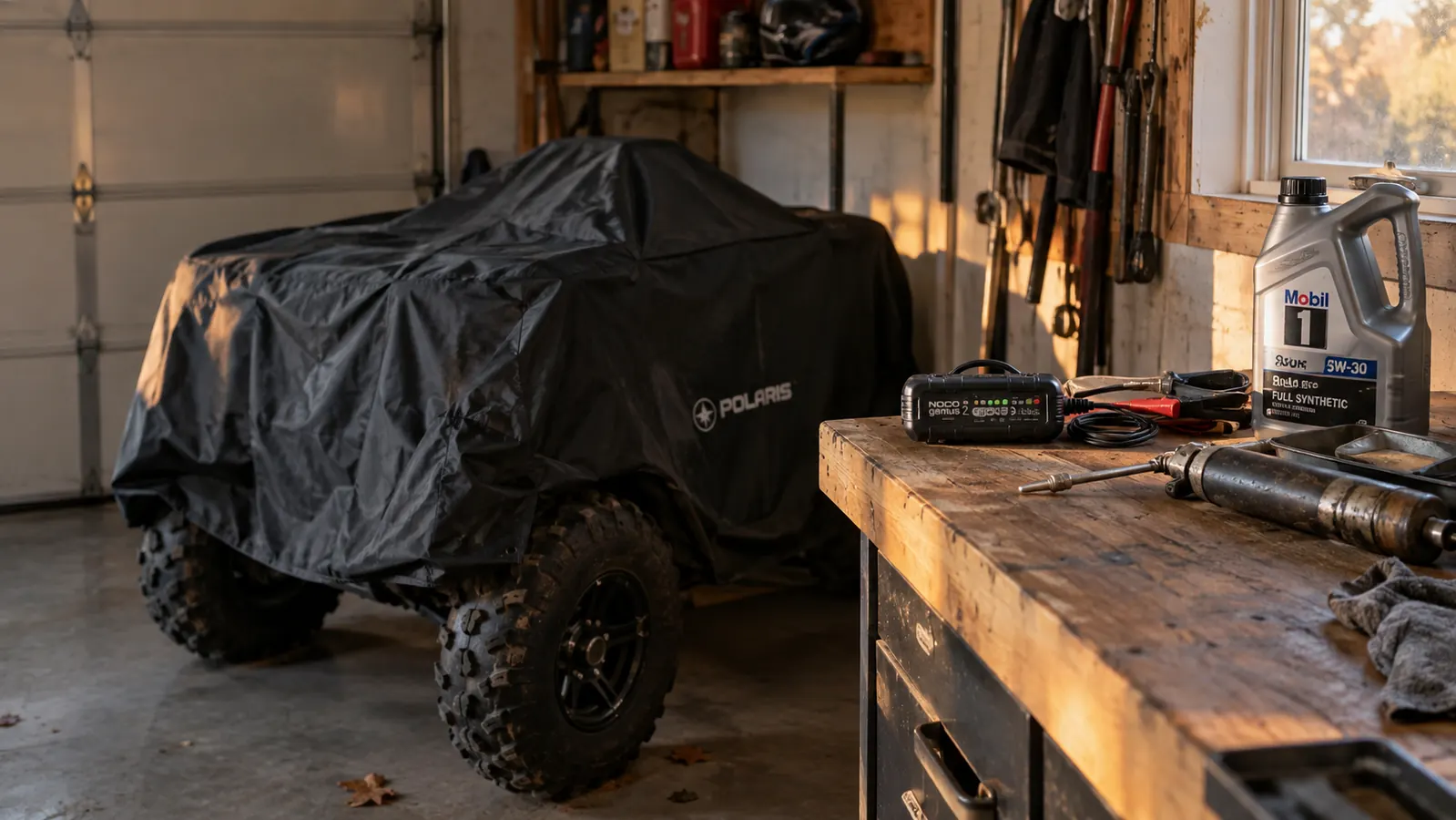 A covered quad parked in a garage corner for winter, with a battery tender on a workbench beside it