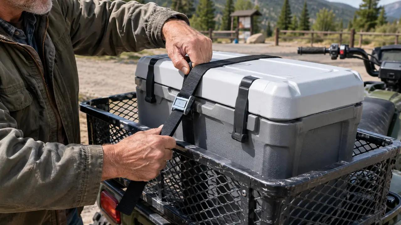 Gloved hands tightening a cam buckle strap over a cooler in a steel cargo basket on an ATV