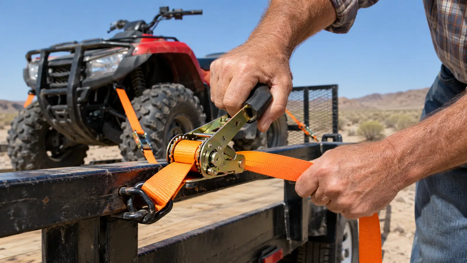 Hands tightening a ratchet strap hooked to a trailer rail
