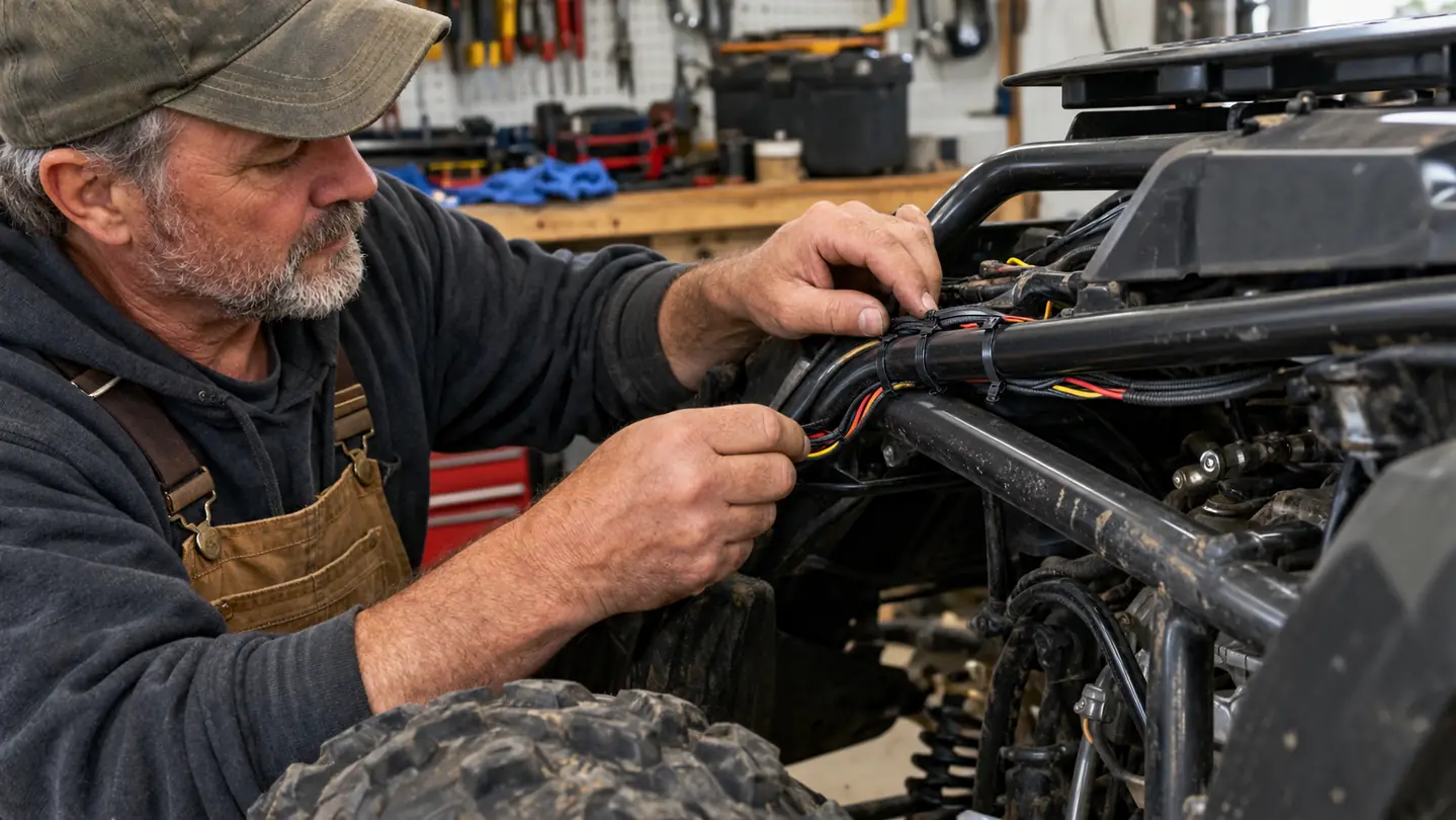 A hand securing a wiring harness to the frame of an ATV with zip ties in a garage