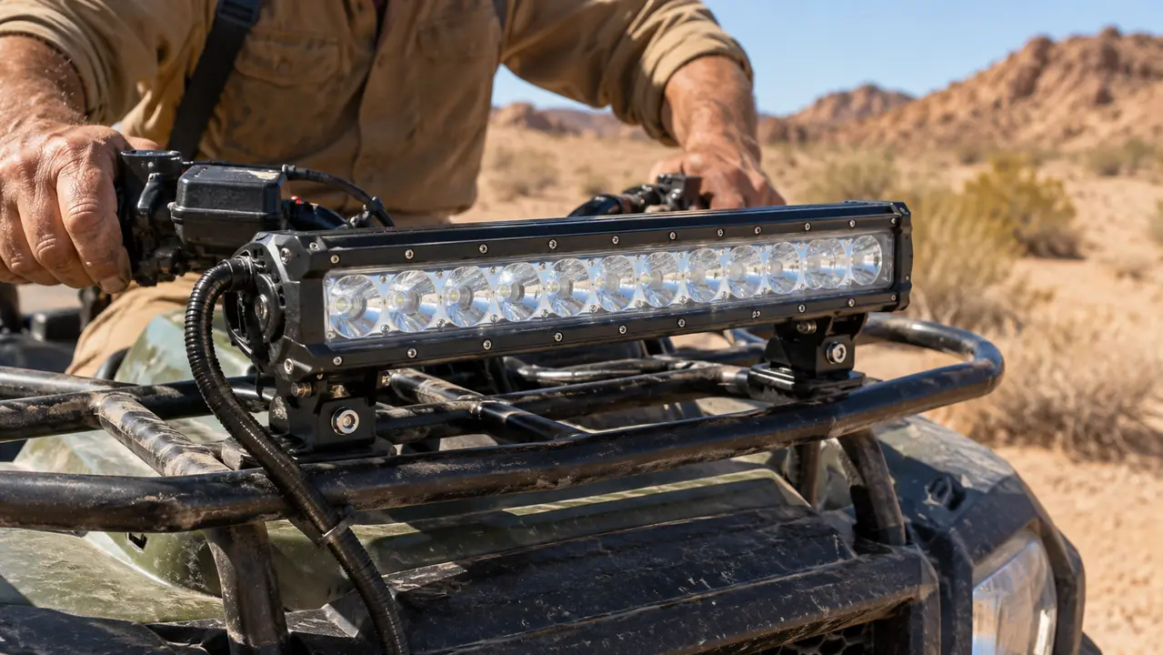 A close view of a light bar mounted on the front rack of an ATV