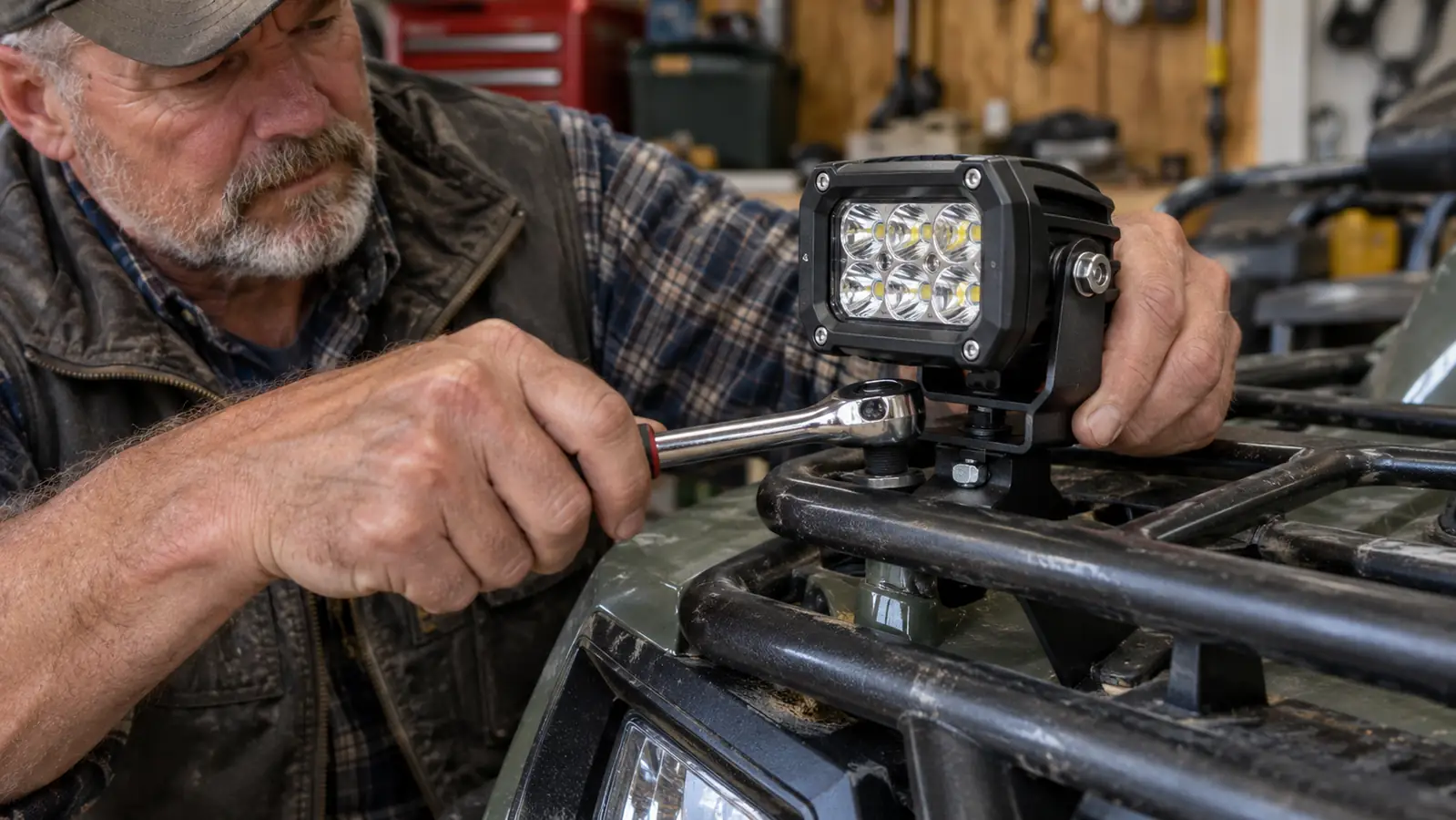 A hand tightening a bolt on the mounting bracket of a light pod on an ATV
