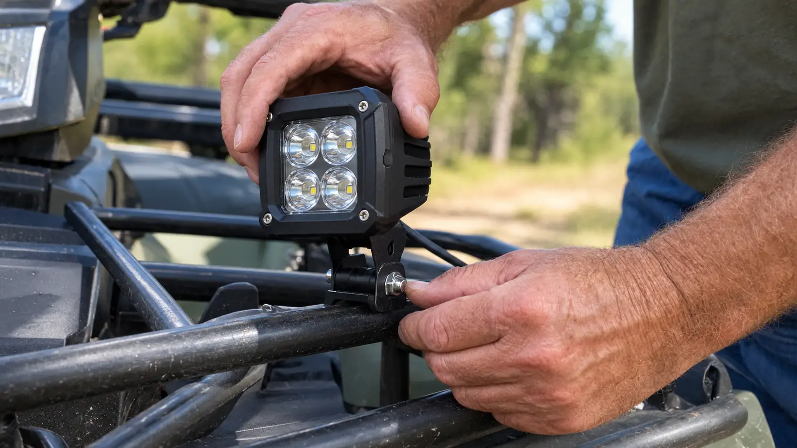 A hand adjusting the angle of an LED light pod mounted on an ATV front rack with a wrench