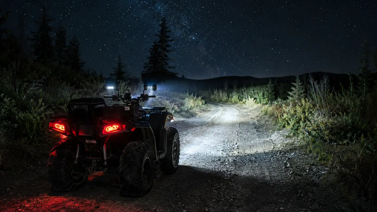 An ATV at night on a dirt fire road with headlights and two mounted LED pods both on, the beam reaching down the road ahead