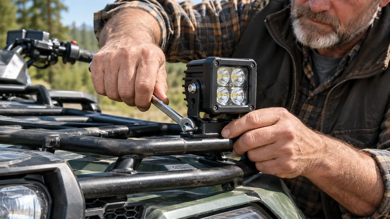 A hand tightening a bracket on an LED pod mounted to an ATV front rack