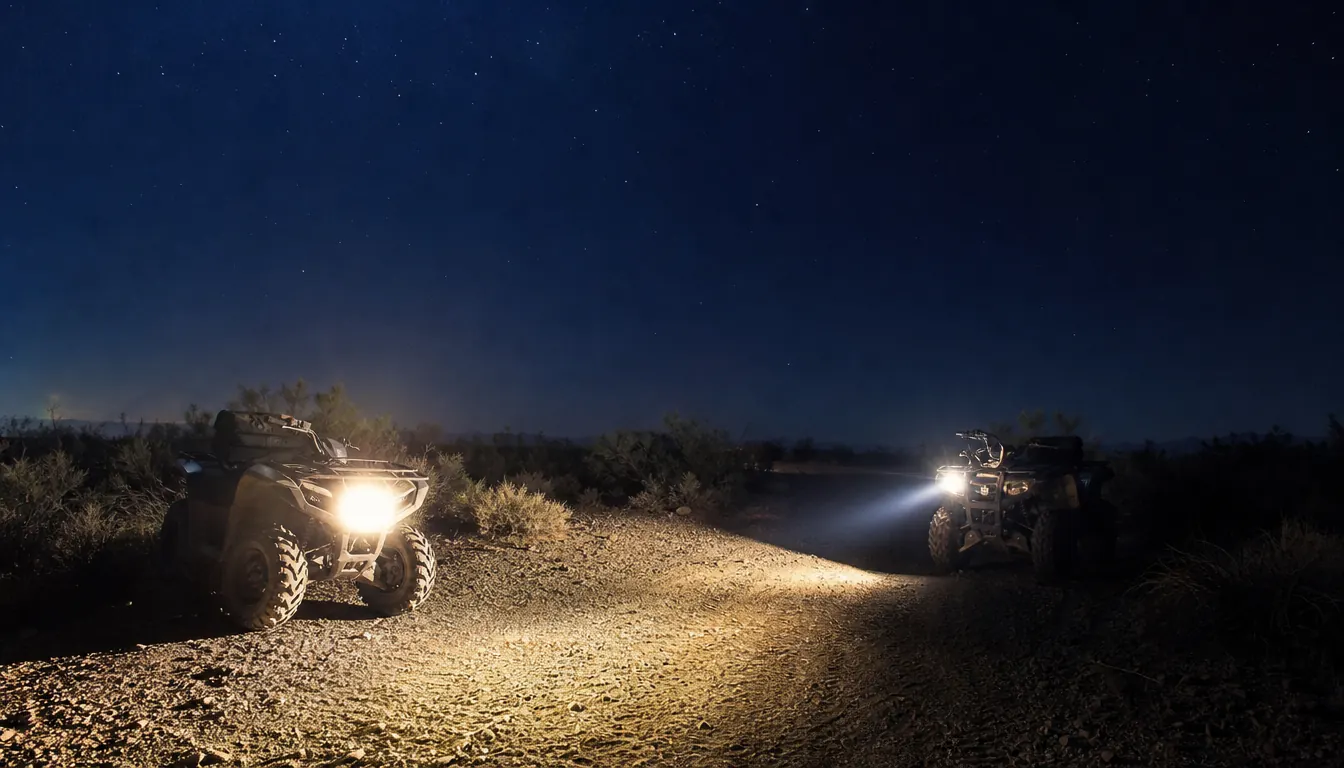 Two ATVs side by side at night, one with a wide flood pattern and one with a focused spot pattern