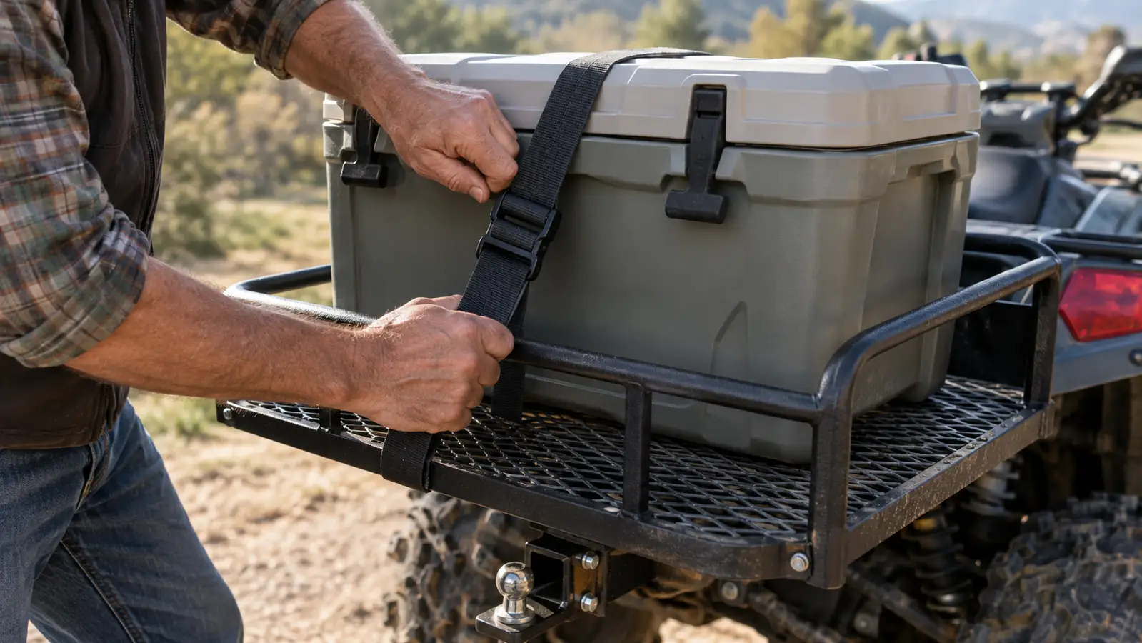 Hands strapping a cooler onto a steel mesh rear cargo rack on an ATV