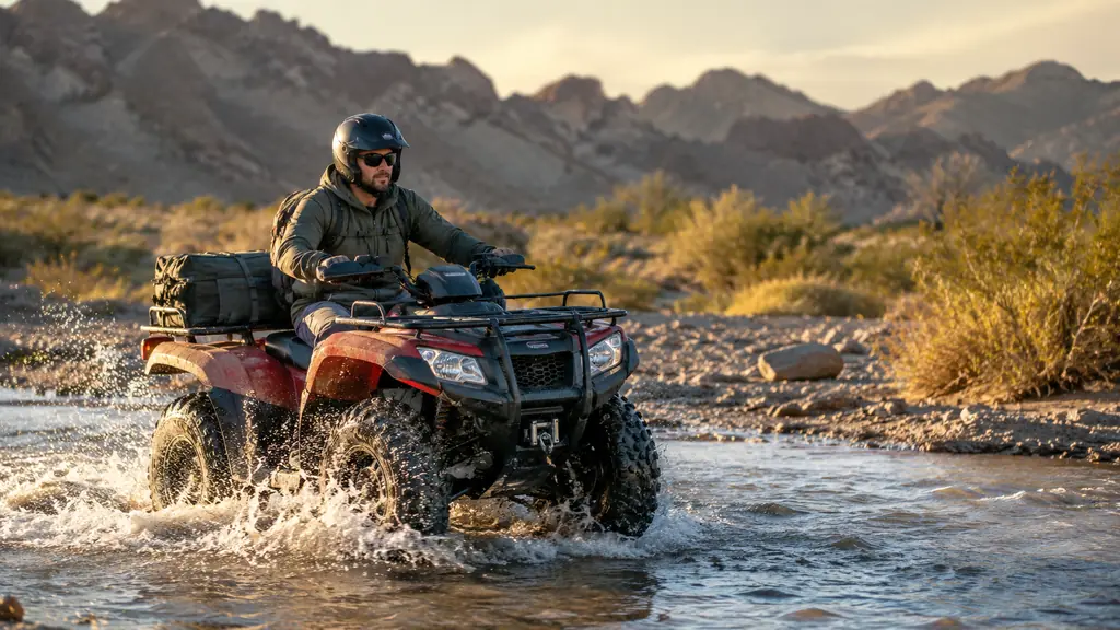 ATV with a rear cargo basket crossing a shallow desert wash