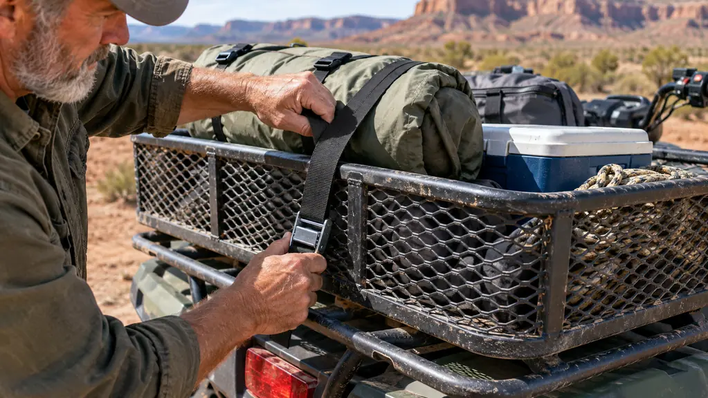 Hands tightening a cam buckle strap over a steel mesh cargo basket mounted on the rear rack of an ATV