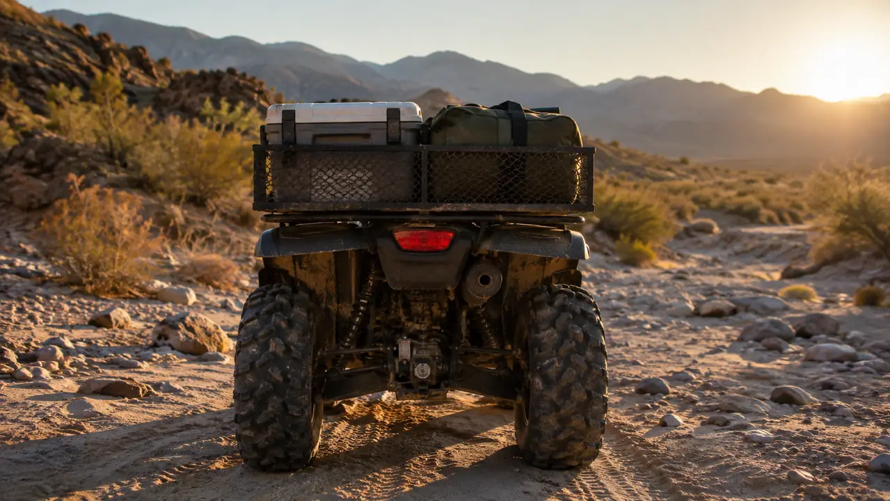Rear view of an ATV in a desert wash with a steel mesh cargo basket holding a cooler and a duffel