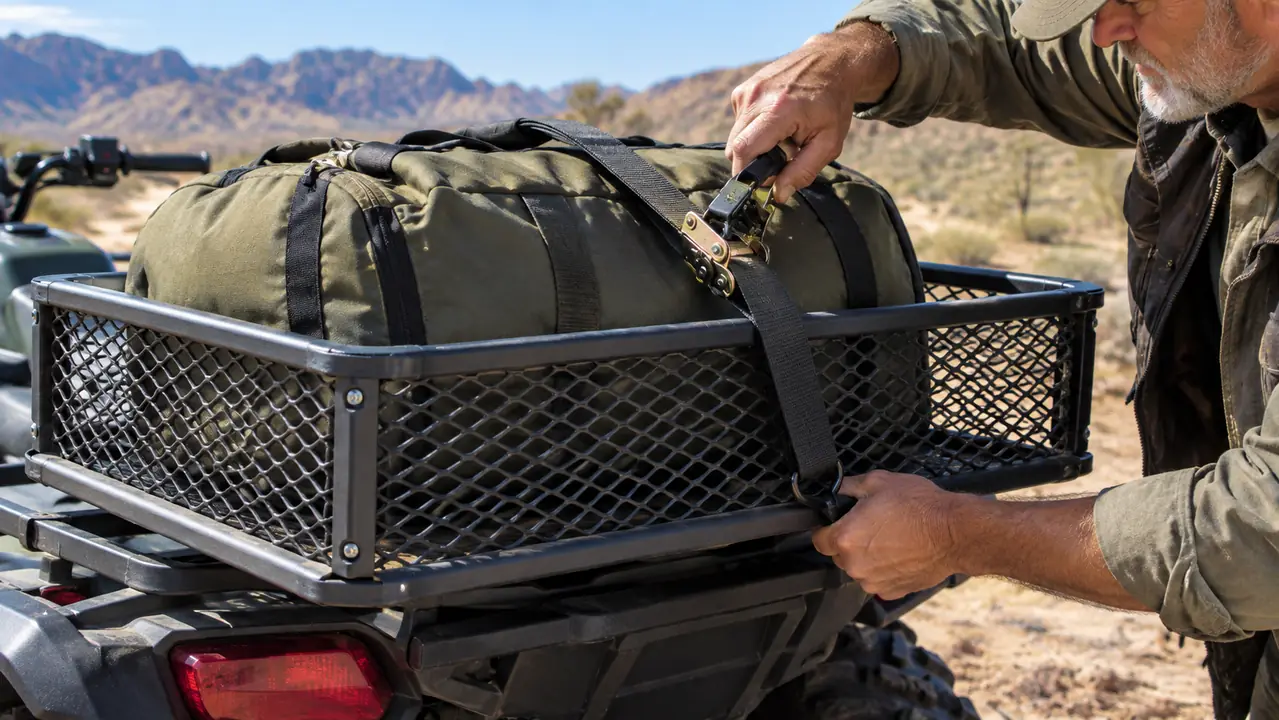 Close view of a steel mesh cargo basket mounted to the rear rack of an ATV, a strap secured across a load