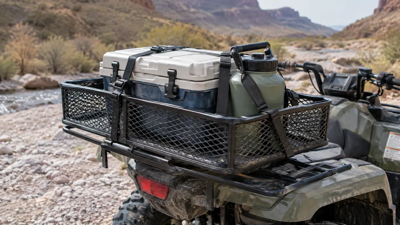 A steel mesh cargo basket on the back of an ATV holding a cooler and a water jug, straps across the top