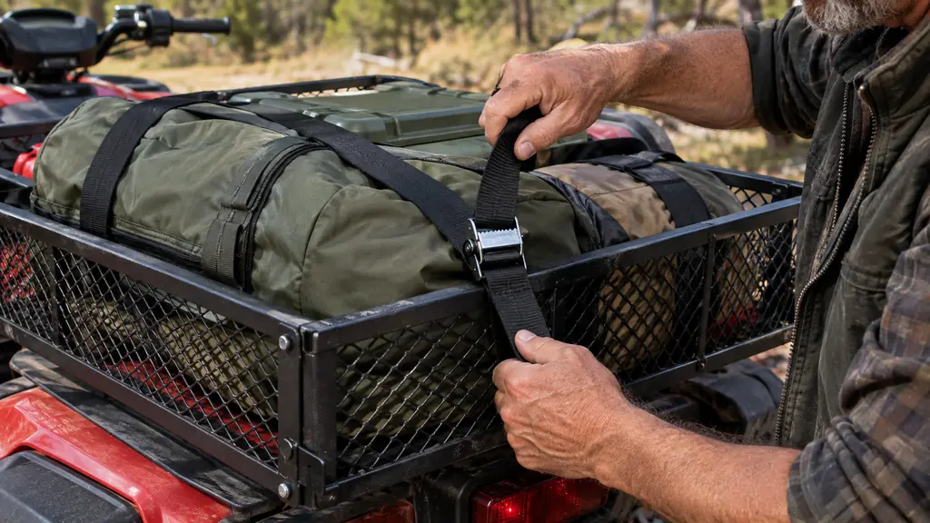 hand tightening a cam strap over gear loaded in the steel mesh cargo basket on the rear of an ATV